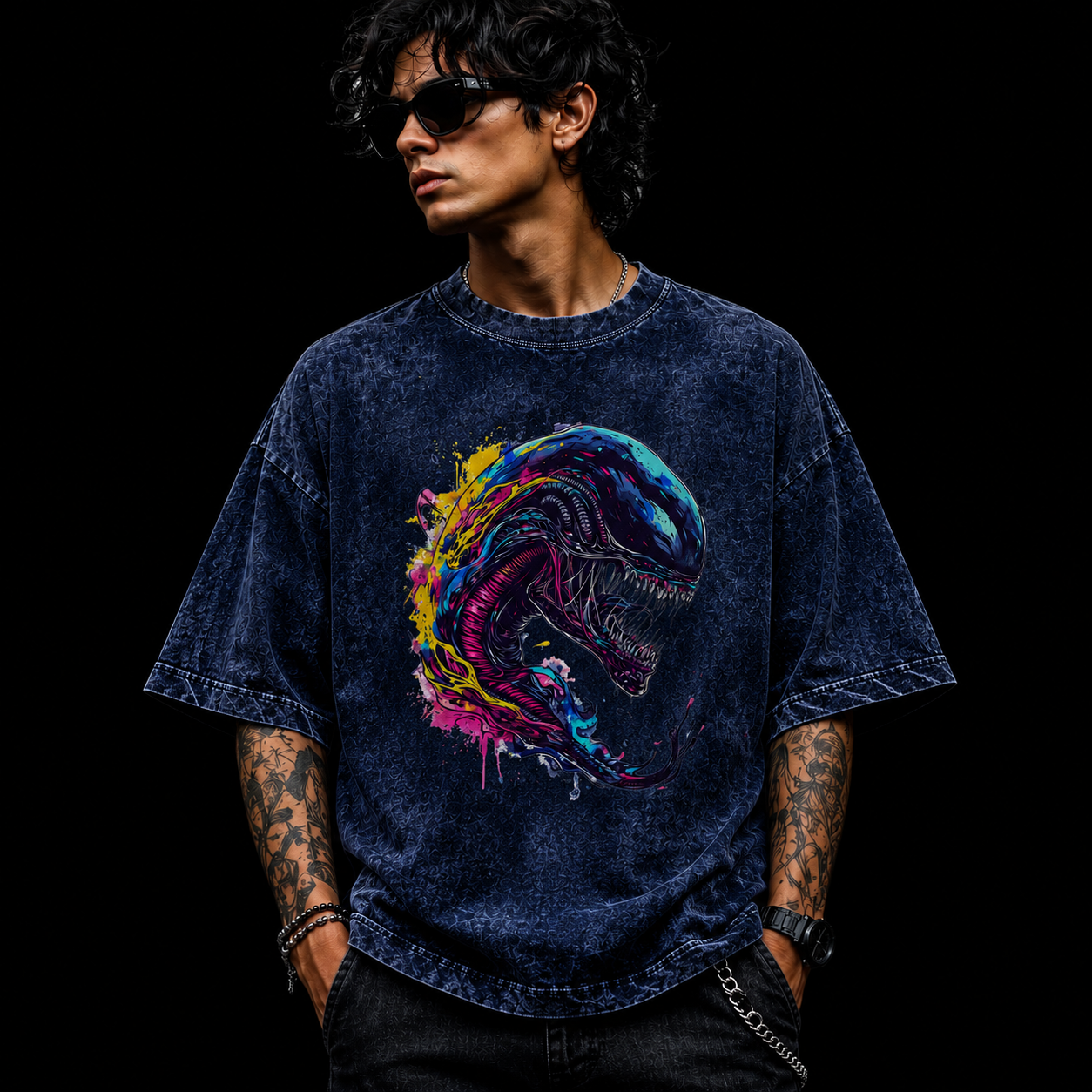 Neon Xeno Burst Acid Wash Oversized T-Shirt