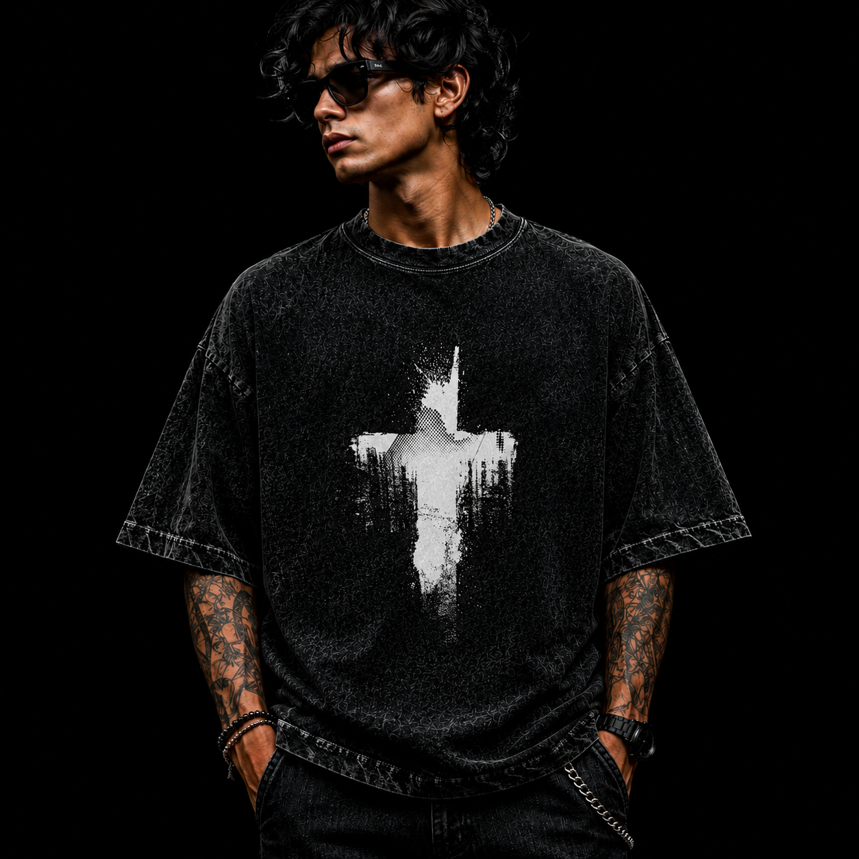 Phantom Cross Acid Wash Oversized T-Shirt
